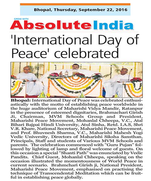 'International Day of Peace' celebrated in Maharishi Vidya Mandir, Ratanpur Bhopal on Wednesday, September, 21, 2016 